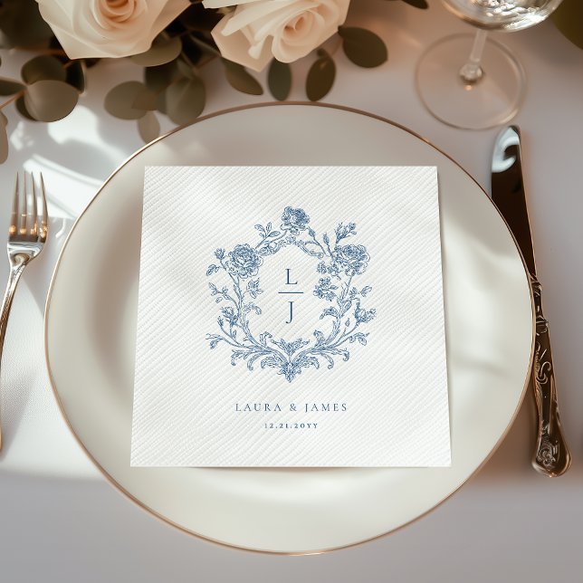 Elegant Blå Blommig Vapen Monogram Bröllop Pappersservett (Skapare uppladdad)