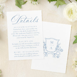 Elegant Blå Blommig Vapen Monogram Bröllopsdetalje Tilläggskort