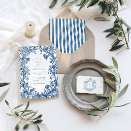 Elegant Blå Blommig Vapenmärke Randig Bak Bröllop Inbjudningar