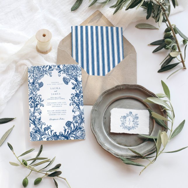 Elegant Blå Blommig Vapenmärke Randig Bak Bröllop Inbjudningar (Skapare uppladdad)