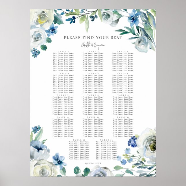 Elegant Blå Blommig Vår Bröllopsplatskarta Poster (Framsidan)