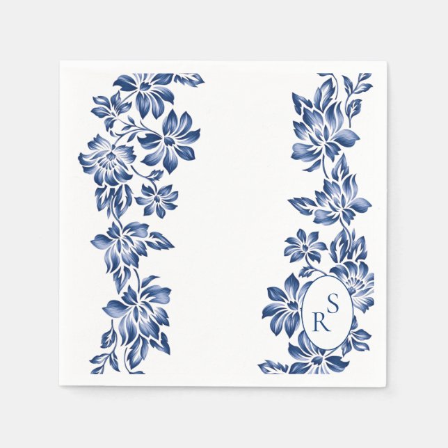 Elegant Blå Blommig Vintage Bröllop  Pappersservett (Framsidan)