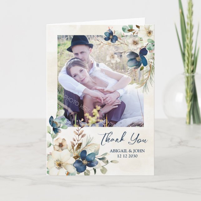 Elegant Blå Blommig Vinterbröllop Tack Foto Kort (Framsida)