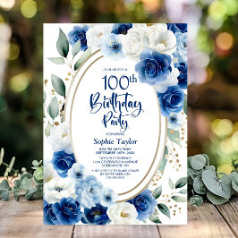 Elegant blå Blommigt 100:e Födelsedagsfesten Inbjudningar