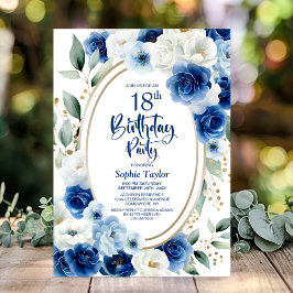 Elegant blå Blommigt 18:e Födelsedagsfesten Inbjudningar