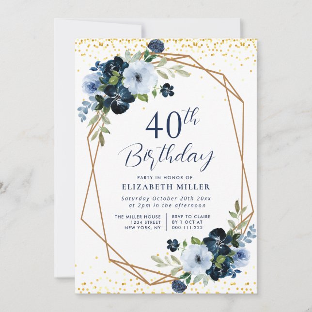elegant blå blommigt 60:e födelsedagsfest inbjudan (Framsida)