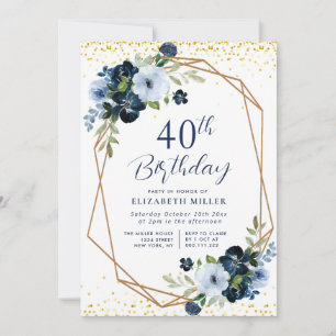 elegant blå blommigt 60:e födelsedagsfest inbjudan