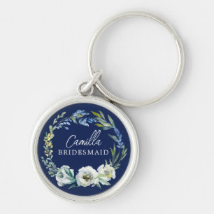 Elegant Blå Blommigt Anpassningsbar Bridesmaid Gif Rund Silverfärgad Nyckelring