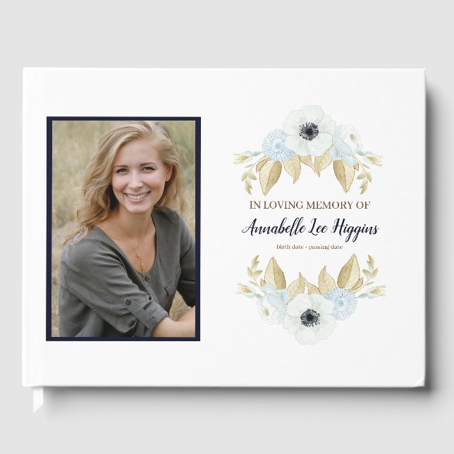 Elegant blå Blommigt i Loving Memory Funeral Gästböcker (Framsida)