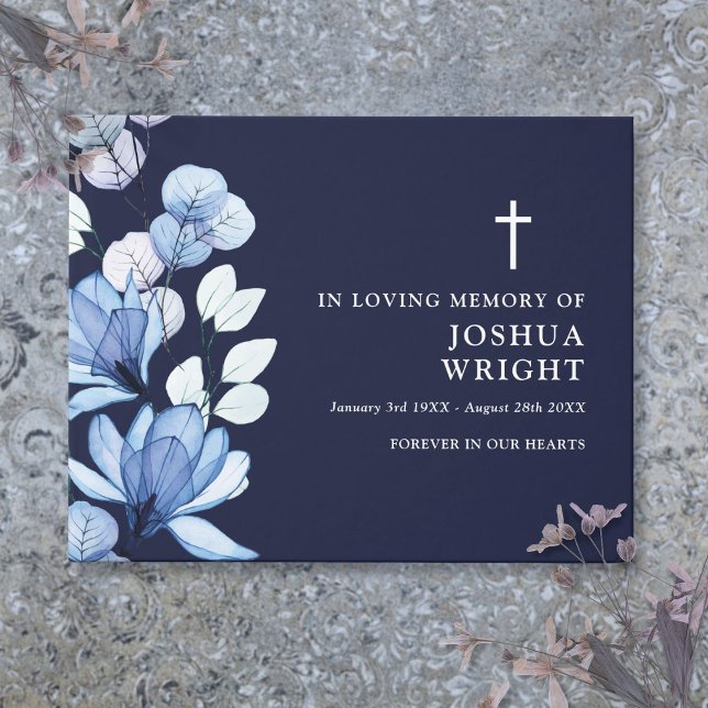 Elegant Blå Blommigt kristen begravning Gästböcker (Elegant Navy Blue Floral Christian Funeral Guest Book)