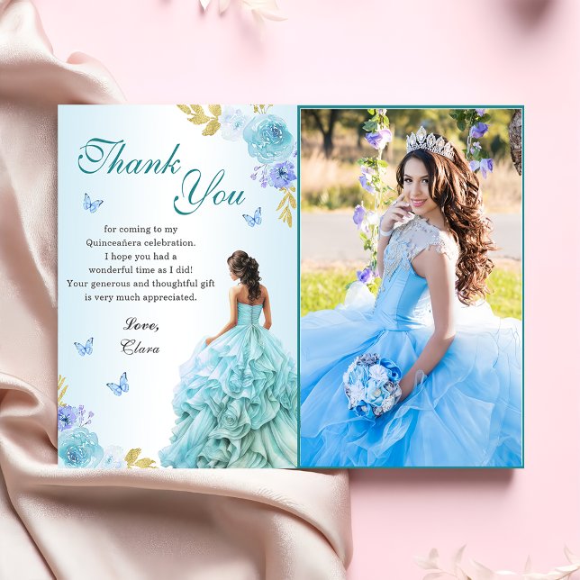 Elegant  blå Blommigt Quinceañera Birthday Tack Kort (Skapare uppladdad)