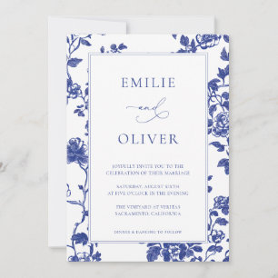 Elegant Blå Blommigt Toile Bröllop Inbjudningar