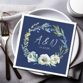 Elegant Blå Blommigten Monogram Winter Wedding Pappersservett