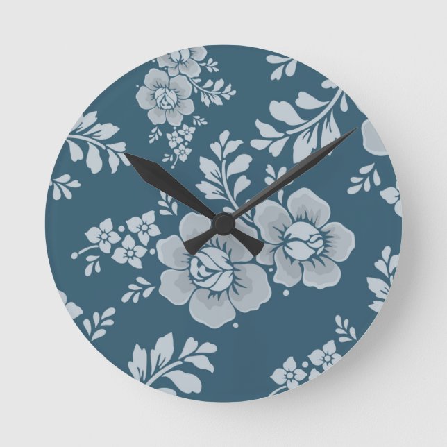 Elegant Blå Blommönster i Vintage-stil Rund Klocka (Framsida)