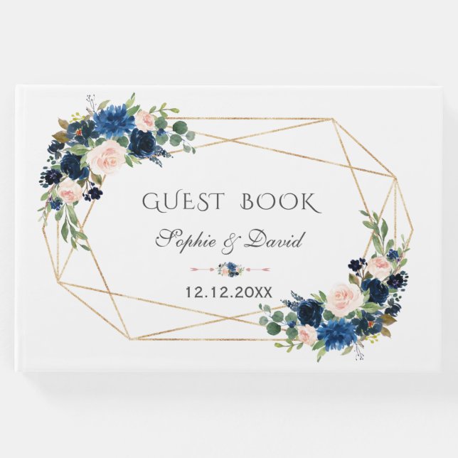 Elegant Blå  blommor Bloom Guld Bröllop Gästböcker (Framsida)