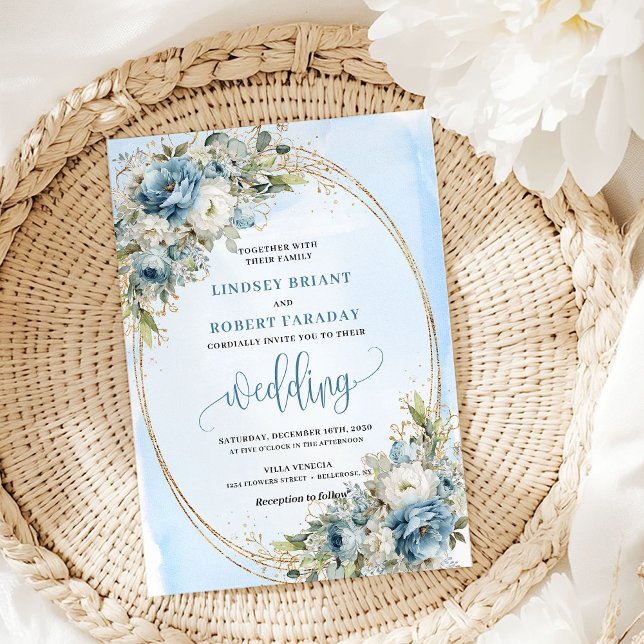 Elegant blå blommor guld glitter bröllopsinbjudan inbjudningar (Elegant Blue Flowers Gold Glitter Wedding Invite)