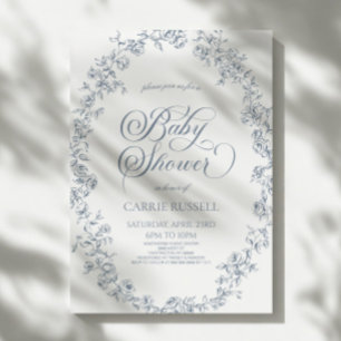 Elegant blå blomros linjekonst baby shower inbjudningar
