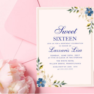 Elegant blå blomster födelsedagsfest Sweet Sixteen Inbjudningar