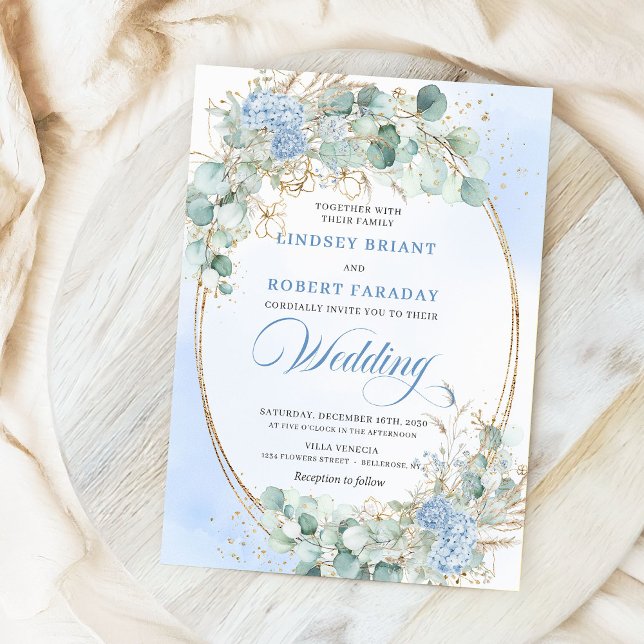 Elegant blå blomster vete guld oval bröllopsinbjud inbjudningar (Chic Blue Floral Wheat Gold Oval Wedding Invite)