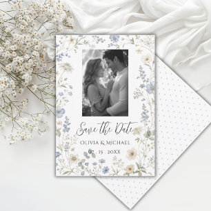 Elegant blå blomsterfoto med vildblommor spara datumet