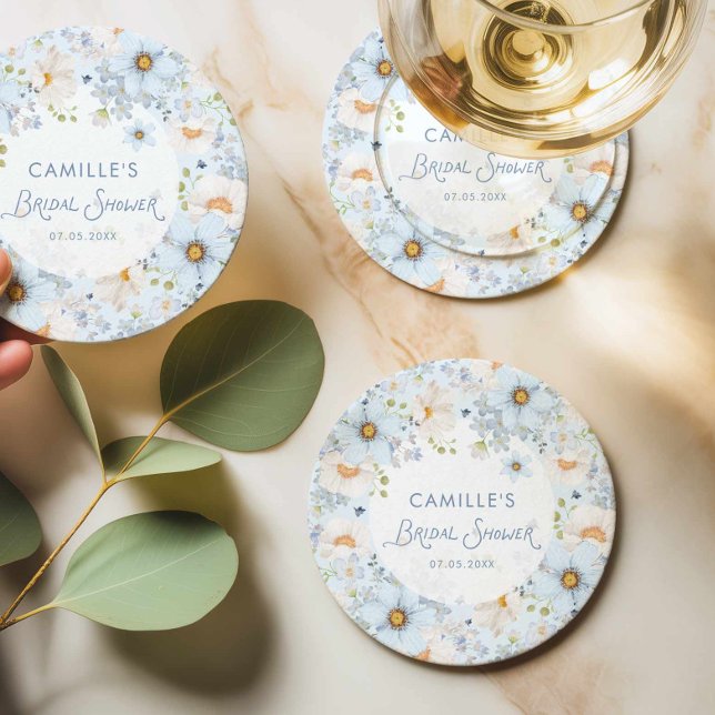 Elegant blå blomsterglasunderlägg för bröllopsdusc underlägg papper kvadrat (Blue Flower Bridal Shower Drink Coaster)