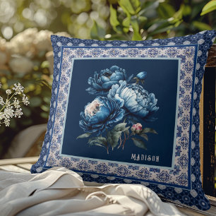 Elegant blå blomsterglasur Kina-monogrampresent Kudde