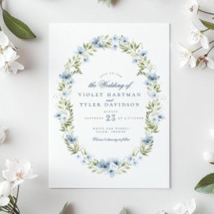 Elegant blå blomstergrönsakskrans bröllop inbjudningar