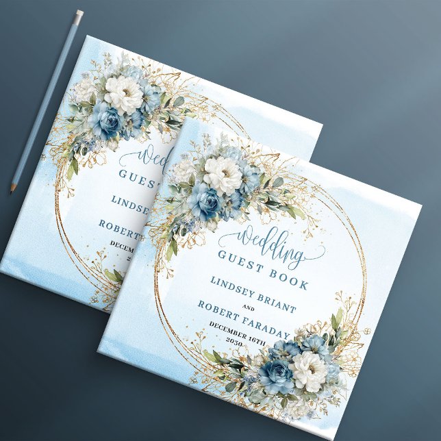 Elegant blå blomsterguld vigselgästbok gästböcker (Elegant Blue Floral Gold Wedding Sign In Book)