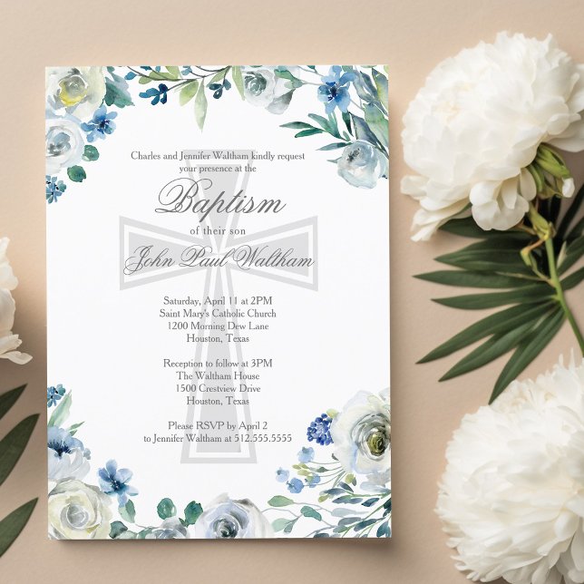 Elegant blå blomsterreligiös korsdop vykort (Skapare uppladdad)