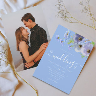 Elegant Blå Boho Blommig Vattenfärg Foto Bröllop Inbjudningar