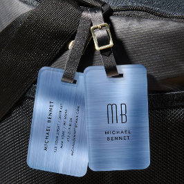 Elegant Blå Borstad Metall Monogram Bagagebricka