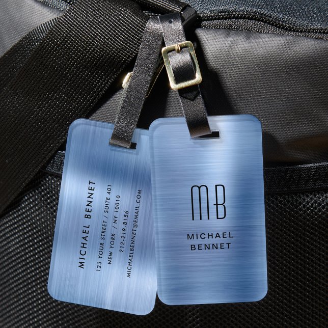 Elegant Blå Borstad Metall Monogram Bagagebricka (Elegant Blue Brushed Metal Monogrammed Luggage Tag)