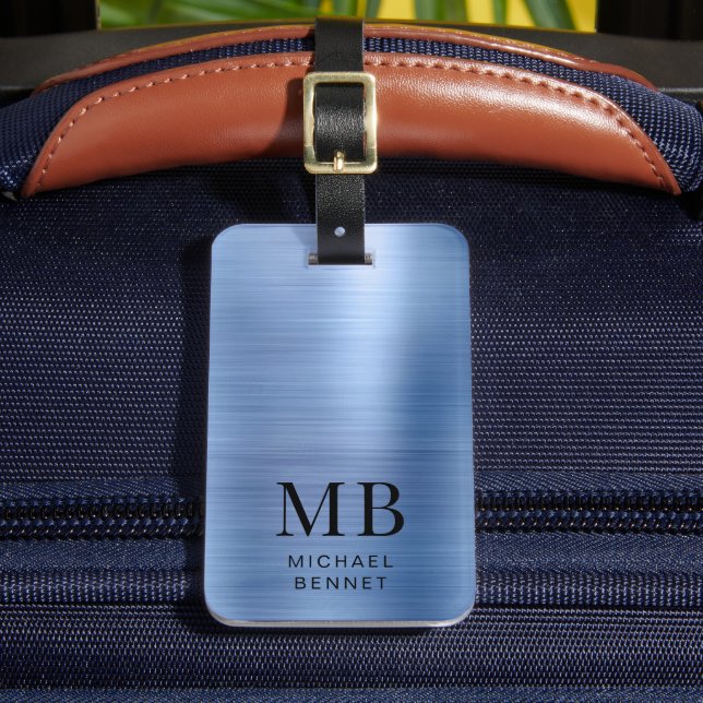 Elegant blå borstad metallmonogram bagagebricka (Framsida Insitu 2)