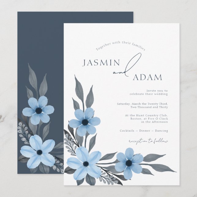 Elegant Blå Botanisk Monogram Bröllop Inbjudningar (Fram/baksida)