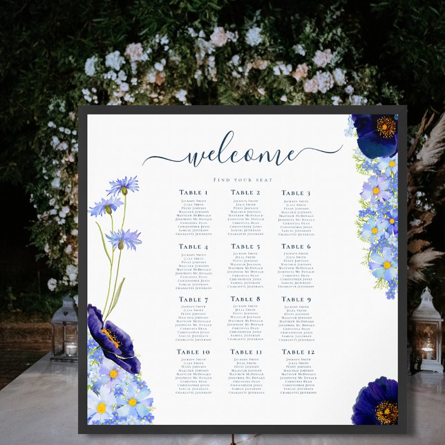 Elegant Blå Bröllopsdysch 12 Bord Placeringsplan Poster (Elegant blue floral Wildflower wedding 12 table seating chart poster )