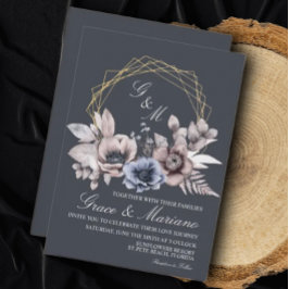 Elegant Blå Bröllopsinbjudan med Blommor Inbjudningar