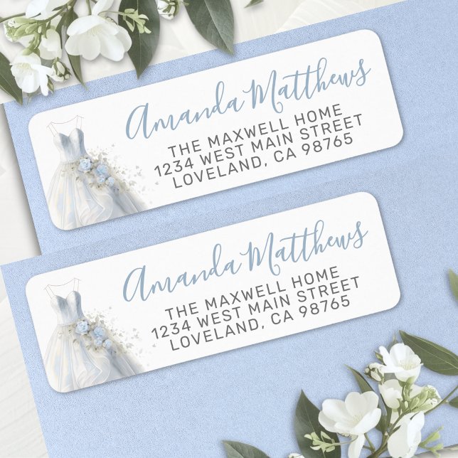 Elegant blå bröllopsklänning returadress etikett (Elegant Blue Wedding Dress Return Address Label )