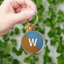 Elegant blå &brun glittermonogram rund silverfärgad nyckelring