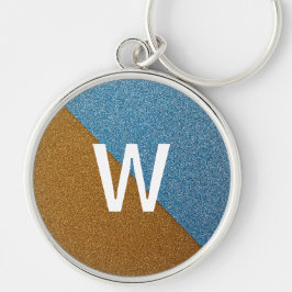 Elegant blå &brun glittermonogram rund silverfärgad nyckelring