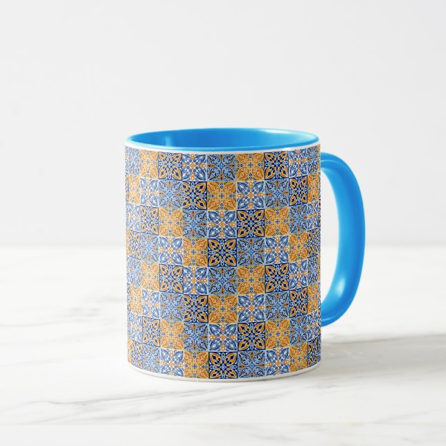 Elegant blå & brun gul italiensk mönster  mugg (Framsida höger)