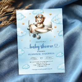 Elegant blå brun teddybjörnspilot Baby Shower Inbjudningar