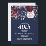 Elegant Blå burgundisk Blommigt 40:e födelsedagen Inbjudningar<br><div class="desc">Elegantens marinblå 40-dagars inbjudan till kvinnor med blommor och vita vattenfärger. Kontakta mig för hjälp med anpassning eller för att be om matchning eller samordning av Zazzle-produkter.</div>