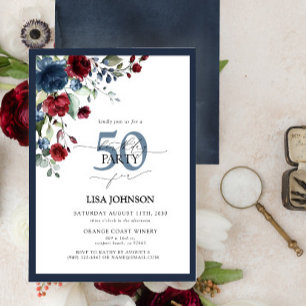 Elegant Blå burgundisk Blommigt 50:e födelsedagen Inbjudningar