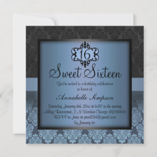 Elegant Blå Chic Damask Sweet16 Inbjudan