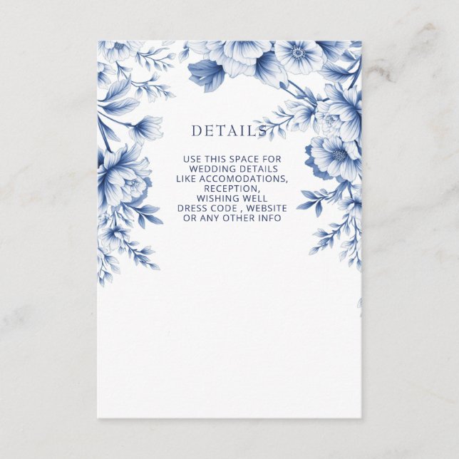 Elegant Blå Chinoiserie Blommig Botanisk Bröllop Tilläggskort (Framsida)