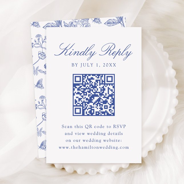 Elegant Blå Chinoiserie Blommig Bröllops QR-kod OSA Kort (Skapare uppladdad)