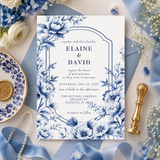 Elegant blå chinoiserie blomster botanisk bröllop inbjudningar (Elegant Blue Chinoiserie Floral Botanical Wedding Invitation)