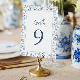 Elegant blå chinoiserie bröllopsbord nummer bordsnummer