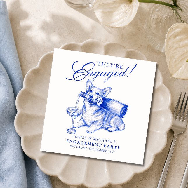 Elegant blå chinoiserie Corgi-förlovning Pappersservett (Elegant Blue Chinoiserie Corgi Engagement Napkins)