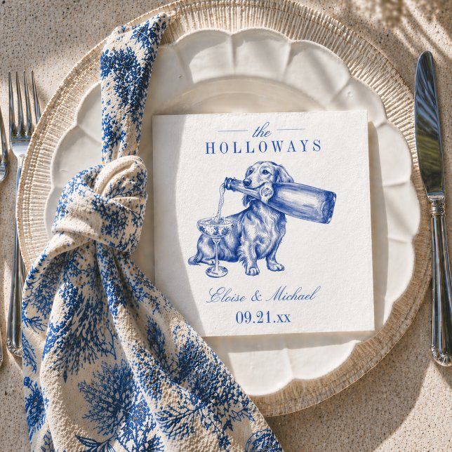 Elegant blå chinoiserie Dachshund bröllop Pappersservett (Elegant Blue Chinoiserie Dachshund Wedding Napkins)